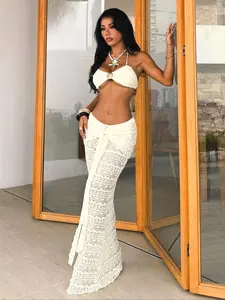 Women's Strapless Textured Knit Bandeau 3pc Set Removable Straps - Lime Green Gold-Tone Seashell-Accent Crop Top & High-Waisted Side-Tie Maxi Skirt, Bohemian Mermaidcore Outfit for Beach Vacation, Pool Party, Festival Rave, Seaside Event, Summer Outdoor G