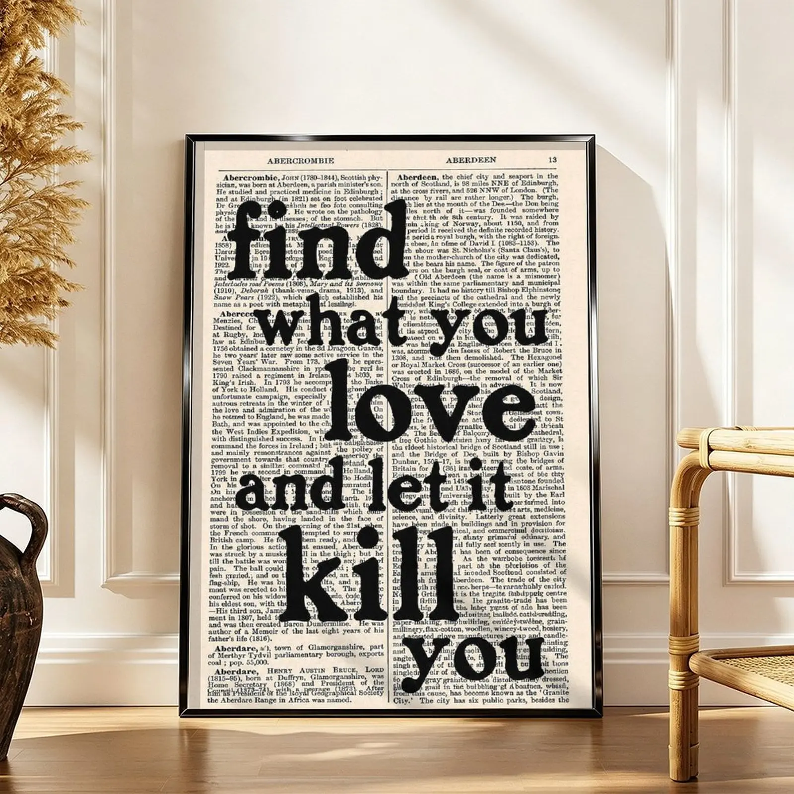 "Find What You Love" Charles Bukowski Quote Canvas Wall Art - Vintage Dictionary Page Dark Academia Decorative Print, Wood-Framed/Unframed Bookish Things, Inspirational Statement & Illustrated Art Prints for Home Office