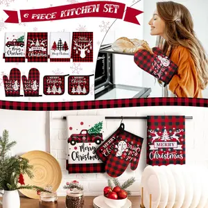 8 Pcs Christmas Kitchen Towel Oven Mitts and Pot Holders Set Red Truck Dish Towels Heat Resistant Oven Gloves for Christmas Kitchen Cooking Baking Grilling(Red, White, Black)