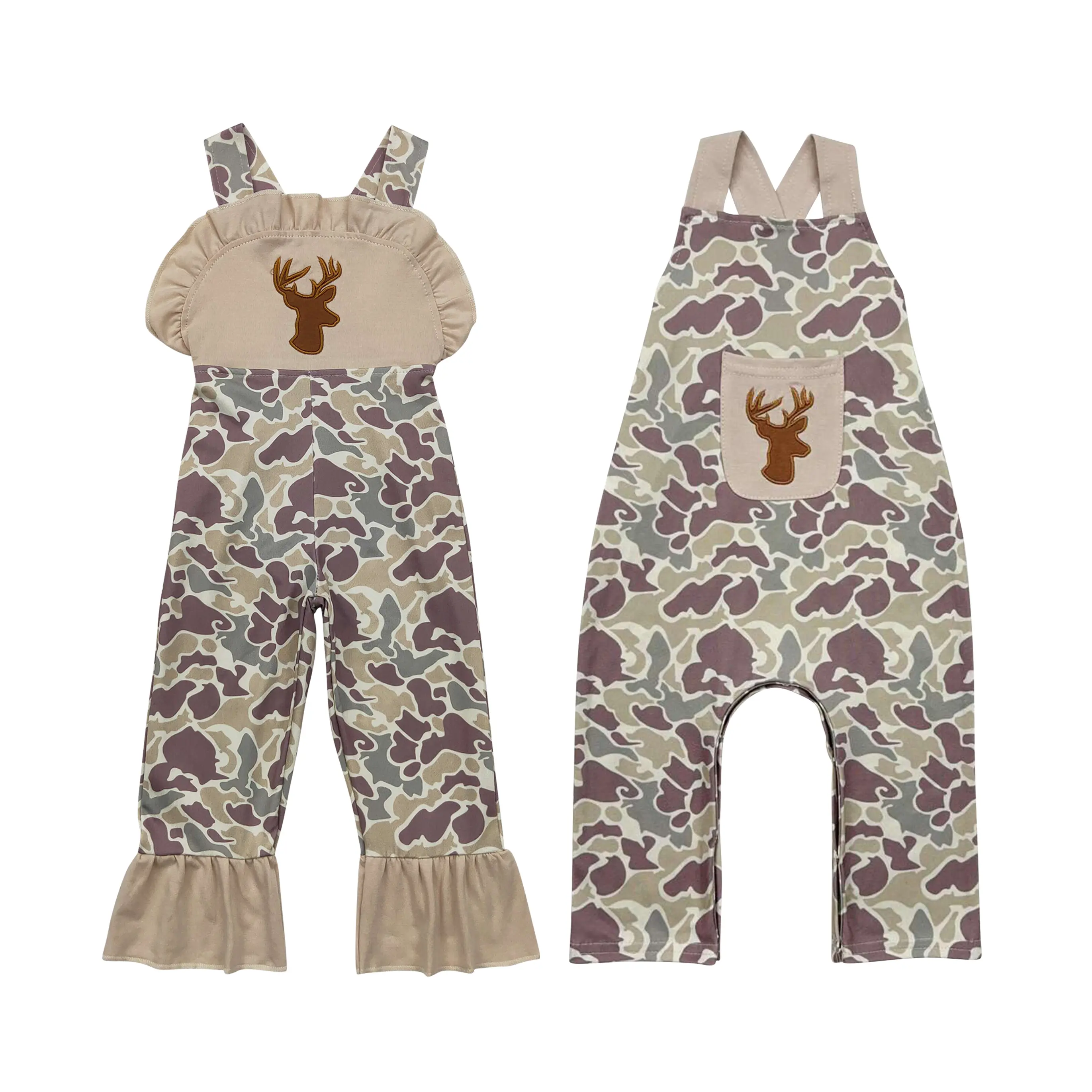 Girls' Minimalist Cute Embroidered Cotton Deer Motif Raglan Sleeve Overalls - Soft Basic Fabric, All-Seasons Romper, Kids' Fashion Bottoms