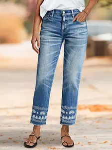 25AW Embroidered Straight Tube Elastic Versatile Jeans Pants Washed Denim Ethnic Style Embroidered Details Casual Women Womenswear