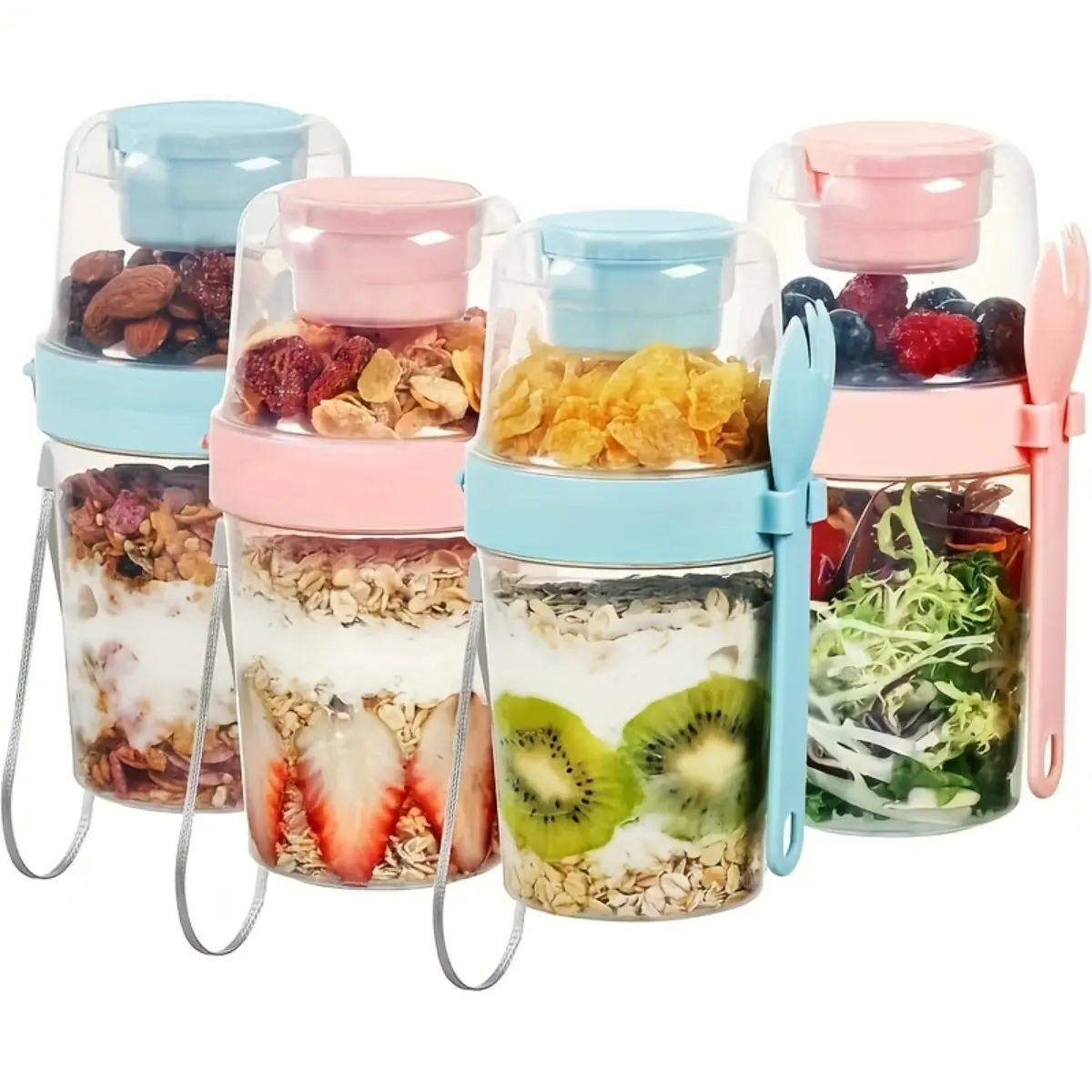 Thickened Leakproof Food Storage Container Set, 4PCS Reusable Plastic Airtight Containers with Lids and Spoons, Lunch Bento Meal Prep Organizer for Meat, Fruit, Vegetables, Eggs, Fridge Storage, Snack Container, Healthy Eating Containers