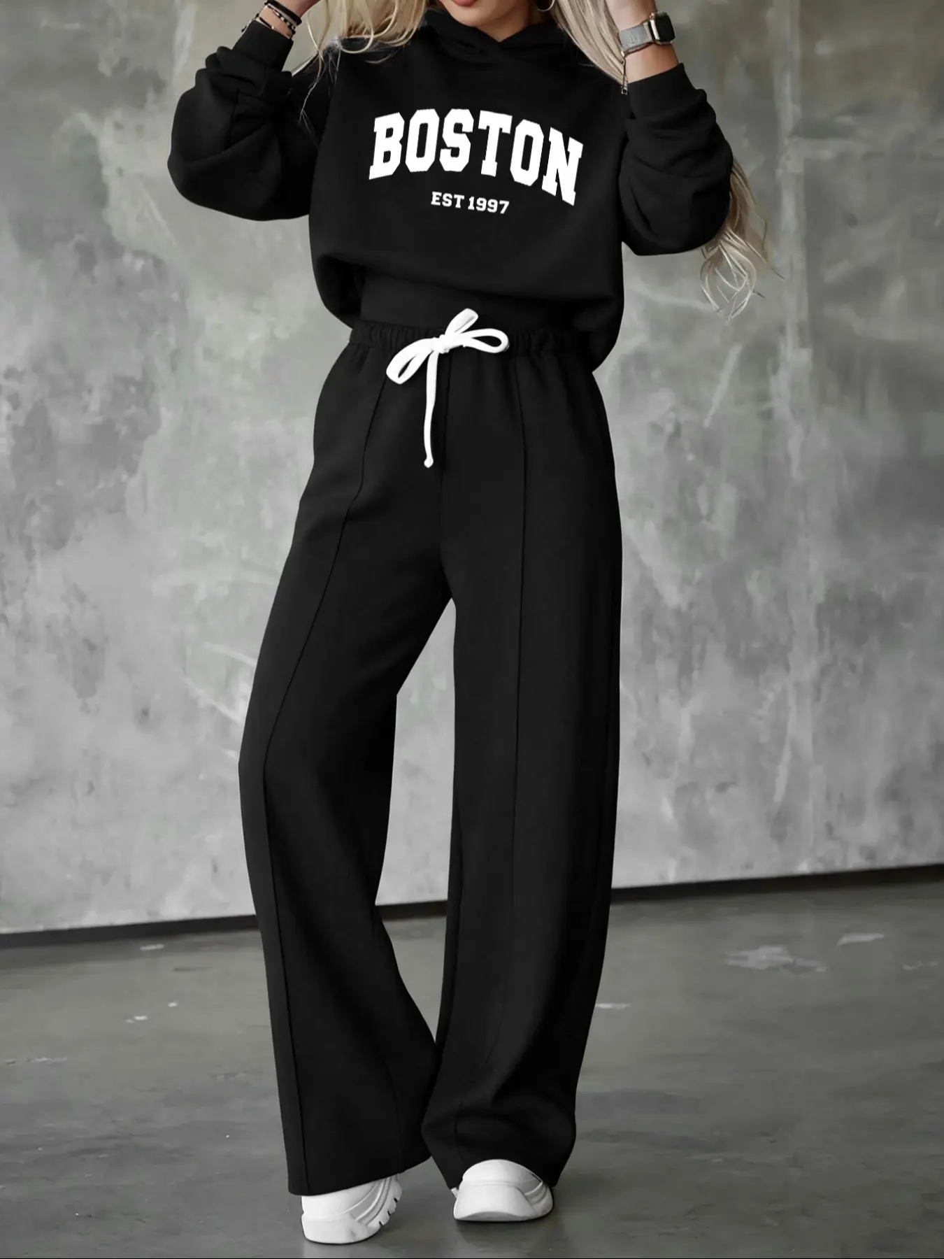 Women's Fashion Hoodie Sweatpants Set, Classic Boston 1997 Letter Print, Casual Fall & Winter, Outdoor Sports, Commuter Wear
