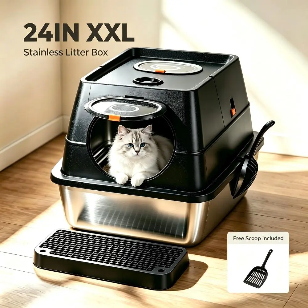 Petwhole Extra Large (XXL) Foldable 3-in-1 Convertible Stainless Steel Cat Litter Box Set - Flip-Top Lid, Enclosed/Open Top Option, High Sides, Non-Stick Rustproof, Odor Control Deodorizing Block, Leak Proof, Easy to Clean, With Scoop, For All Cats, Xl La