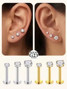 Titanium Zircon Stud Earrings Set, Hypoallergenic Screw Design, 2/3/4mm, Unisex Daily Jewelry, Stainless Steel Chain, Metal Coating