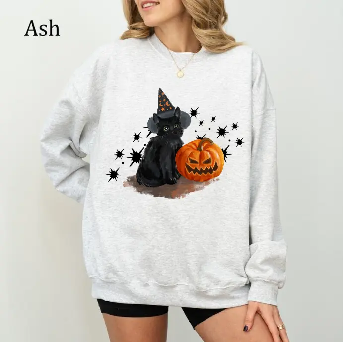 Spooky Cat Crewneck Sweatshirt - Shirt- Hoodie, Halloween Gift, Fall Crewneck Sweater, Halloween Party Shirt, Full Color, For Men, For Women, Tee Print