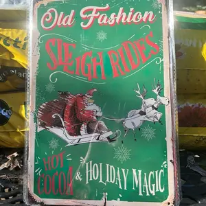 Vintage inspired tin sign 8x12 #5 Christmas Santa Sleigh Ride Reindeer