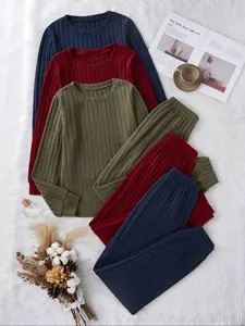 Women's Homecoming Set, 6-Piece Round Neck Long Sleeve Top & Ankle-Length Pants, Ribbed Brushed Fabric, Casual Comfortable Daily Wear