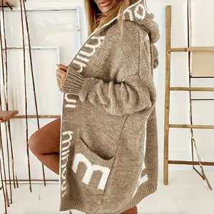 Women's Casual Elegant Letter Graphic Hooded Cardigan - Soft Long Sleeve with Pockets, Medium Stretch, Winter Knitwear