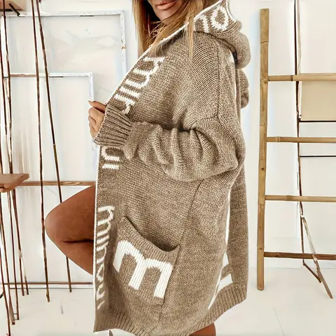 Women's Casual Elegant Letter Graphic Hooded Cardigan - Soft Long Sleeve with Pockets, Medium Stretch, Winter Knitwear