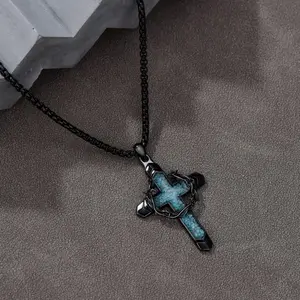 Men’s Turquoise Cross Necklace, Black Stainless Steel Crown of Thorns Cross Pendant, Vintage Christian Statement Chain Necklace Gift for Him