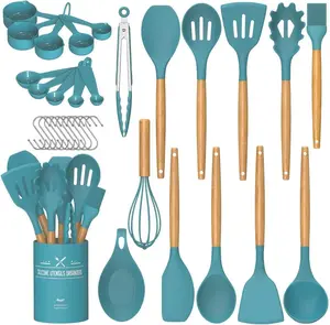 33 Pcs Silicone Kitchen Utensils Set Stainless Steel Handle, Nonstick Spatula & Cooking Tools for Safe, Easy Cooking with Nonstick Cookware-Blue