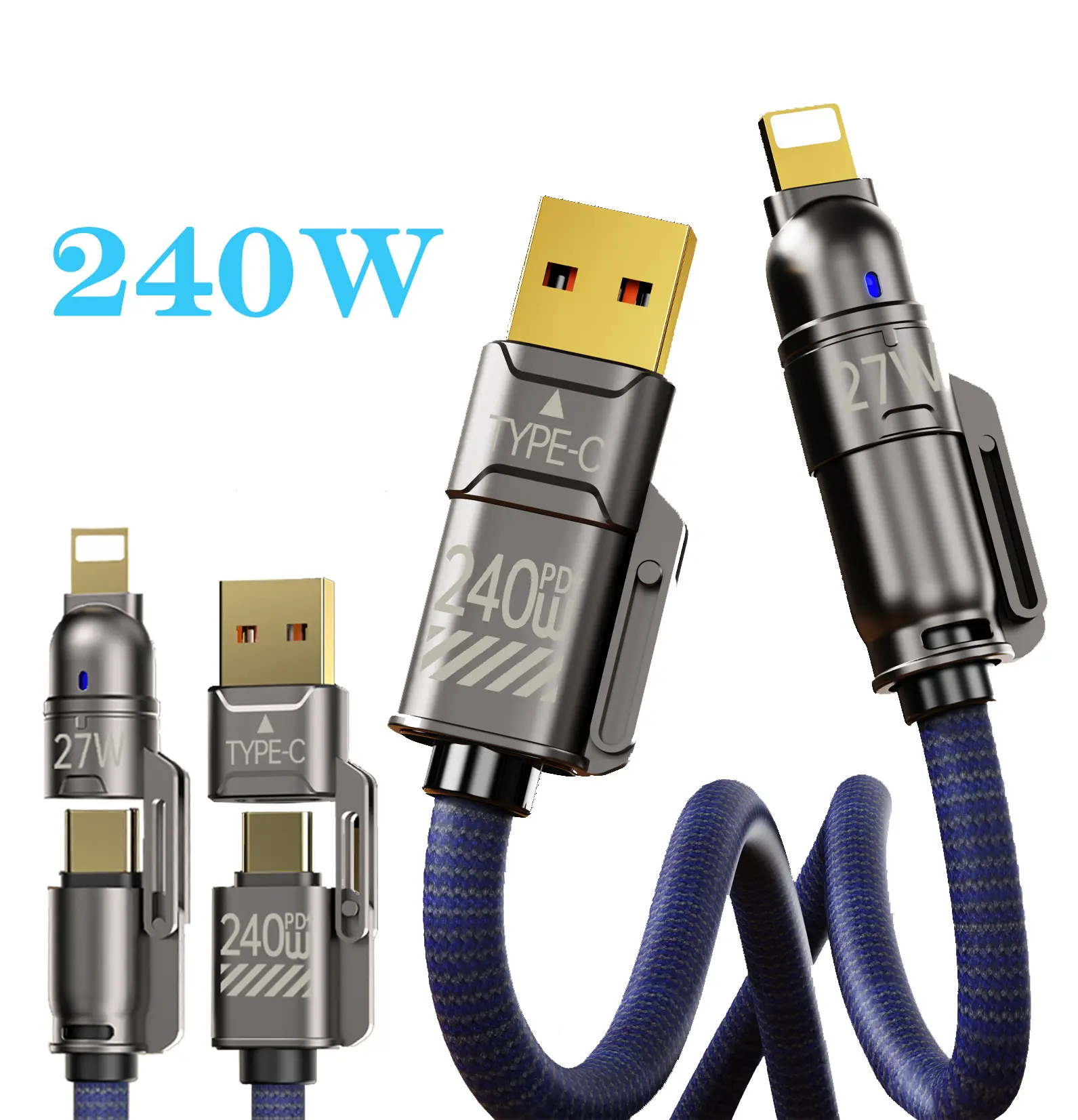 240W USB-C Fast Charger Set - Alloy Aluminium Fast Charging Adapter with 5.9FT 4-in-1 USB-A+Type-C Data Sync Cable for Mobile Android Digital Devices, Tablets, Computers