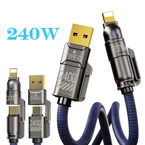 240W USB-C Fast Metal Phone Charger Set - Alloy Aluminium Anti-Oxidation Adapter with 5.9FT 4-in-1 USB-A+Type-C Cable, Upgraded Thick 6-Strand Core for Mobile & Electronic Devices