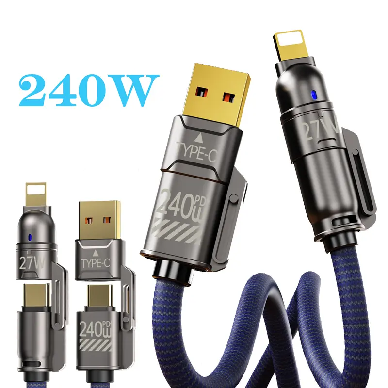 240W USB-C Fast Metal Phone Charger Set - Alloy Aluminium Anti-Oxidation Adapter with 5.9FT 4-in-1 USB-A+Type-C Cable, Upgraded Thick 6-Strand Core for Mobile & Electronic Devices