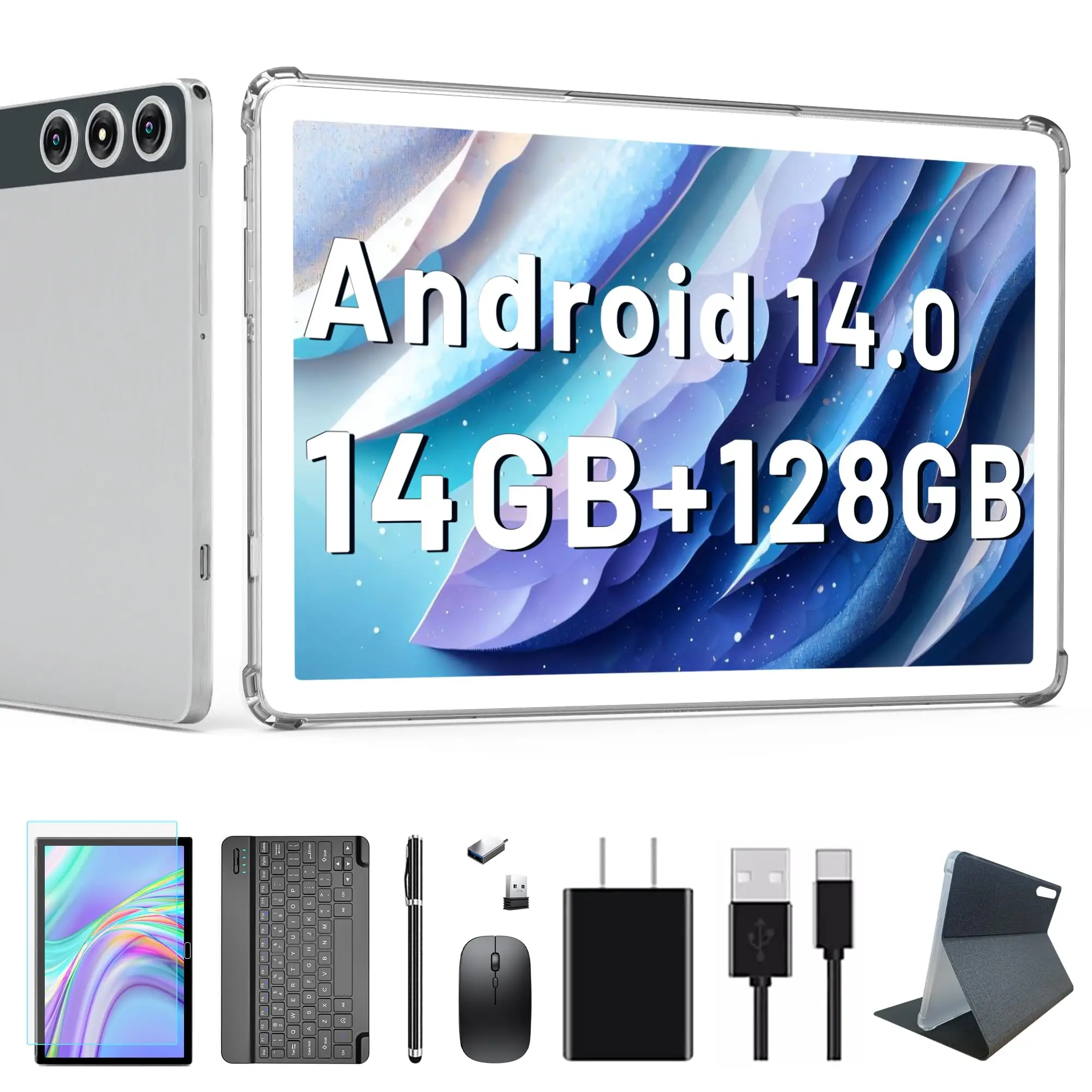 2025 Newest Android 14 Tablet, 10 inch Tablet with 128GB Storage 1TB Expandable 14GB RAM, Dual 4G Cellular Tablet with keyboard Support 5G WiFi/Blueto