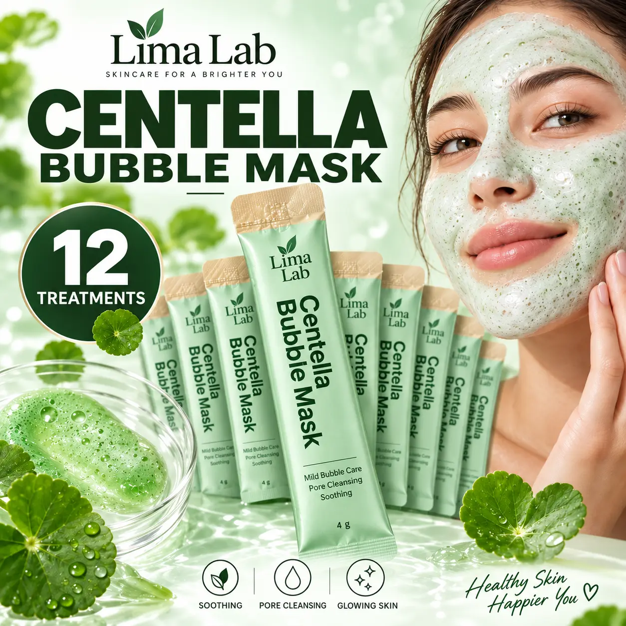 Lima Lab Centella Green Foam Bubble Face Mask with Niacinamide - 12 Travel-Size, 4g Unisex Pore-Cleansing Treatments to Deeply Clean Facial Dirt and Remove Blackheads