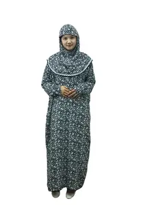 Women's Floral Muslim Prayer Long Dress, One-Piece Abaya Hooded, Long Sleeve Modest Islamic Jilbab, Lace Trim Ramadan Kaftan