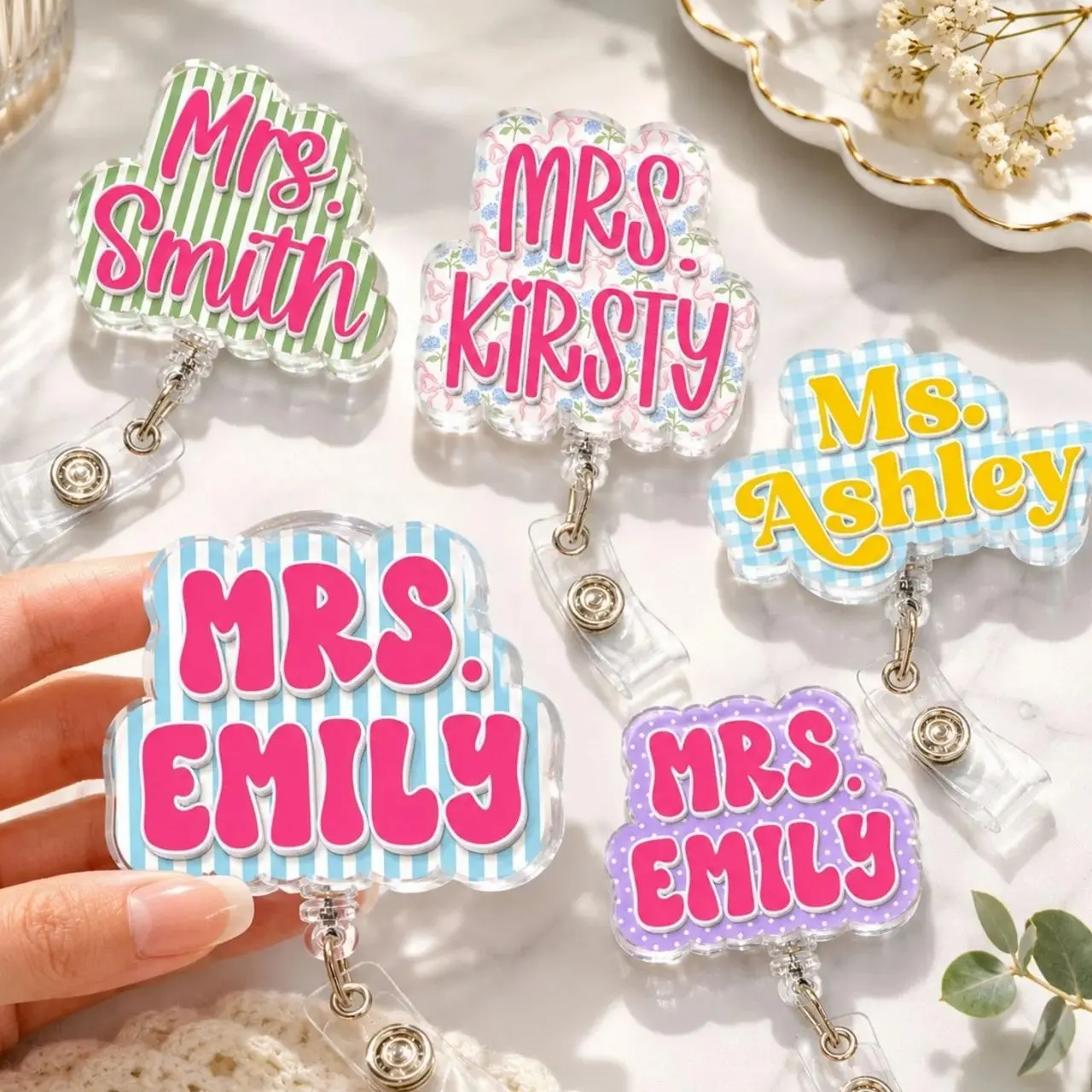 Custom Shape Teacher Name Badge Reel: Personalized ID Clip, Striped Acrylic ID Holder, Nurse Badge Reel, Back To School Gift For Teacher