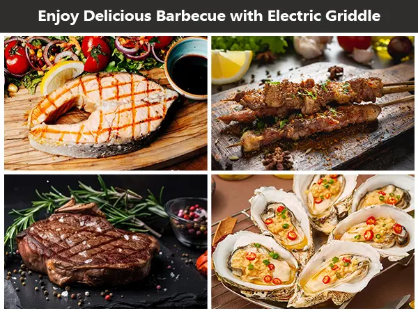 Product Introduction of Pukomc Electric Indoor Grill,2 in 1 Indoor Grills for Kitchen with Grill Net & Non-Stick Cooking Removable Plate, Temperature Control, Dishwasher Safe, 1500W Smokeless barbecue Universal Griddle 6