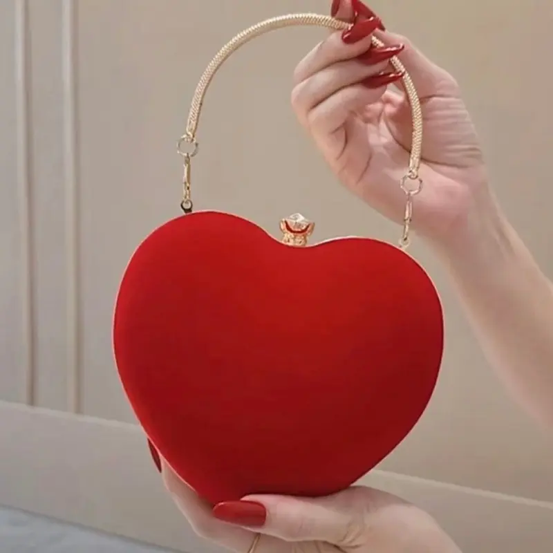 Heart Shaped Corduroy Clutch - Red Heart Design with Gold Accents Fashion Accessory for Stylish Looks