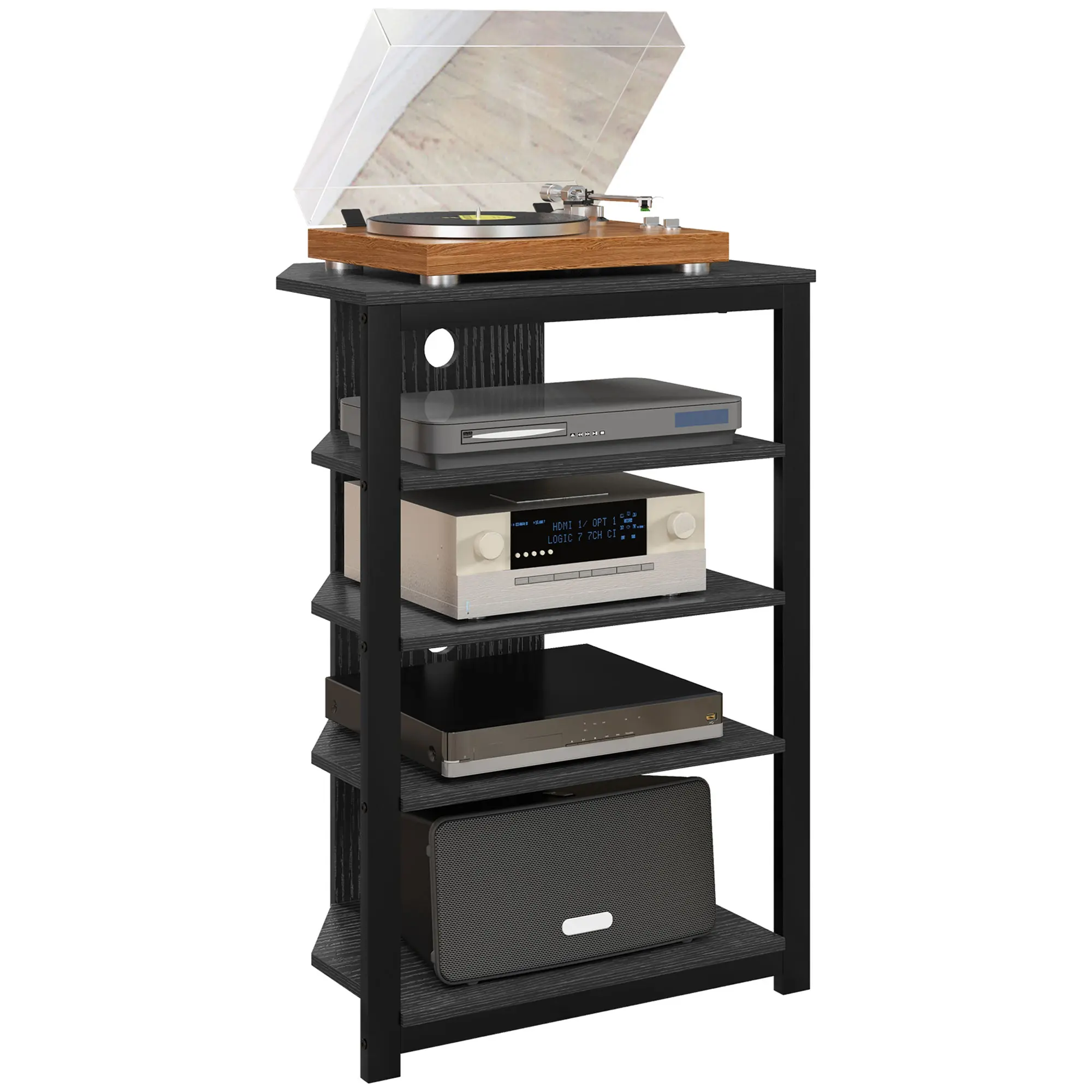 Corner TV Stand Entertainment Center - 4-Tier Storage Shelves, Sturdy Steel Frame Media Console with 4 Cable Management Holes, Melamine Particle Board Table Holds TVs Under 29", 55lbs Max Load for Living Room