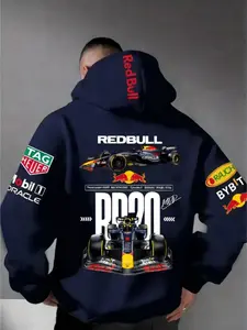 Men's Bull F1 Racing Hoodie, Full-Print 3D Design, Cotton Blend Fleece Fabric, Loose Fit, Medium Length, +