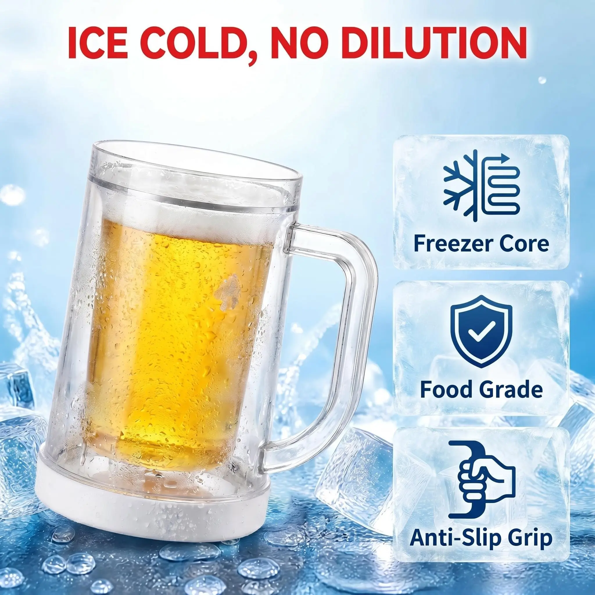 330ml Double Wall Insulated Freezer Gel Chilling Mug - Food Grade Clear Freezable Cup, Non-Diluting for Beer Juice Summer Daily Use (Kitchenware Drinkware)
