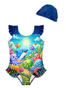 ✨Colorful Ocean Style Kids Swimsuit, Underwater Cute Pets, Dolphin, Octopus & Sea Turtle Print Ruffle Sleeve, Perfect for Pool & Beach Fun
