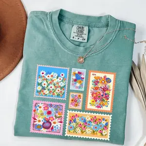 Comfort Colors Floral Stamp PRINT T-Shirt, Boho Spring Flower Graphic Tee, Retro Floral TShirt, Vintage Botanical Tee For Women