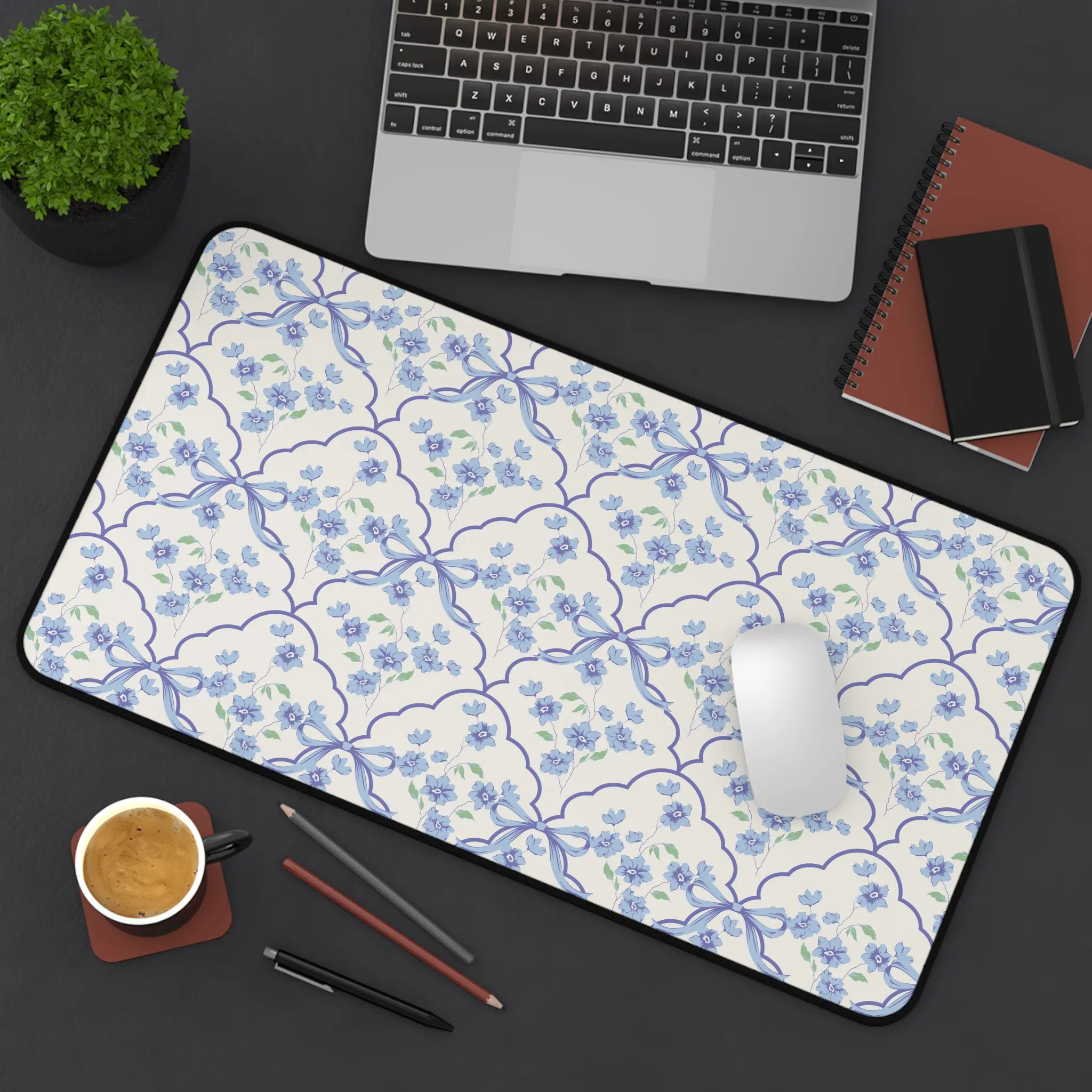Blue coquette Desk Mat, girly aesthetic desk accessories, preppy desk mat, blue ribbon and bows desk mat