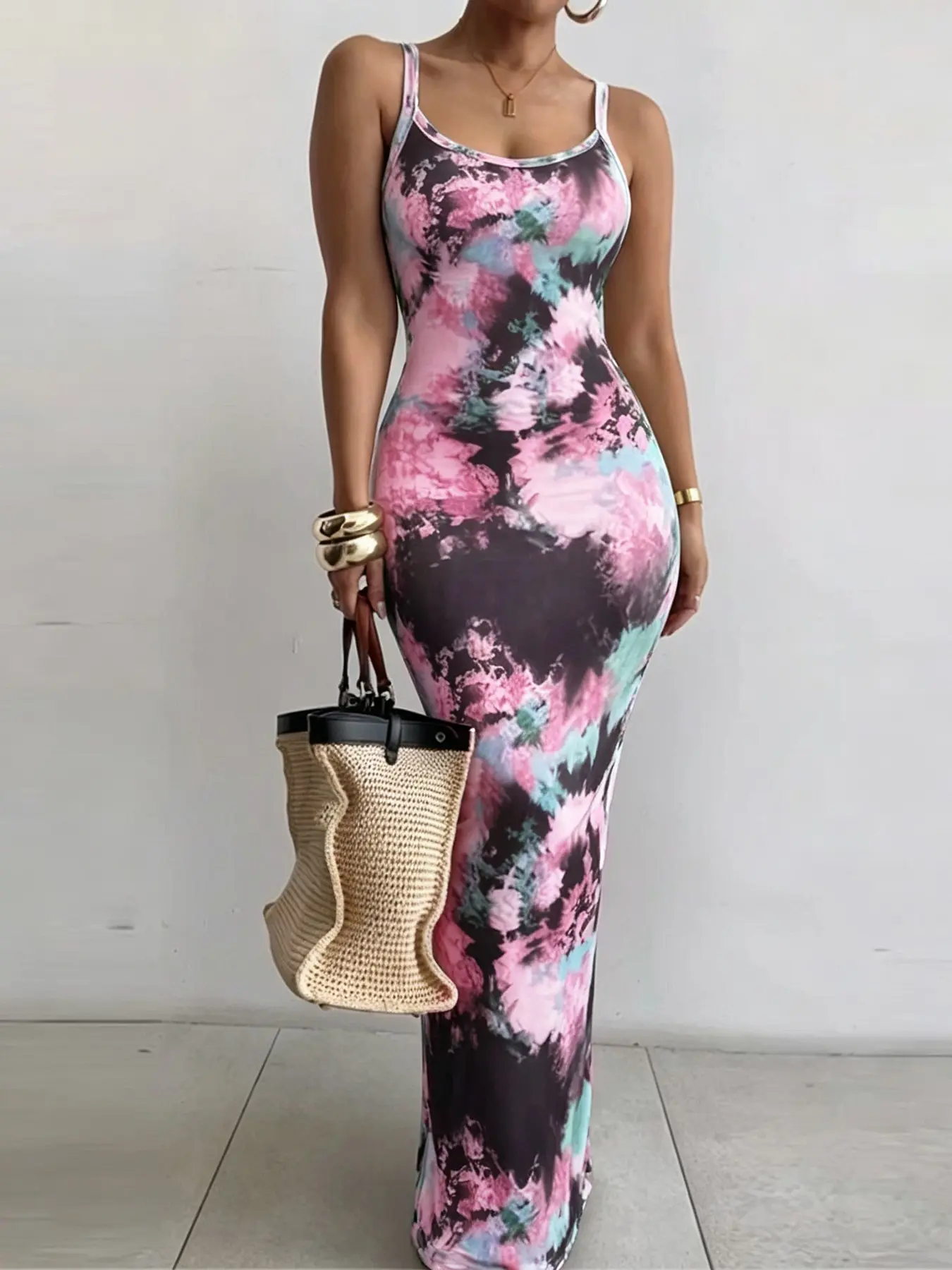 European Women's Fashion Sleeveless Spaghetti Strap Floral Long Dress, Fitted Style Casual Wear, Perfect for Relaxing, Everyday, Trendy Ladies' Clothing, Cami Lounge Dress, Summer, Strappy Dress