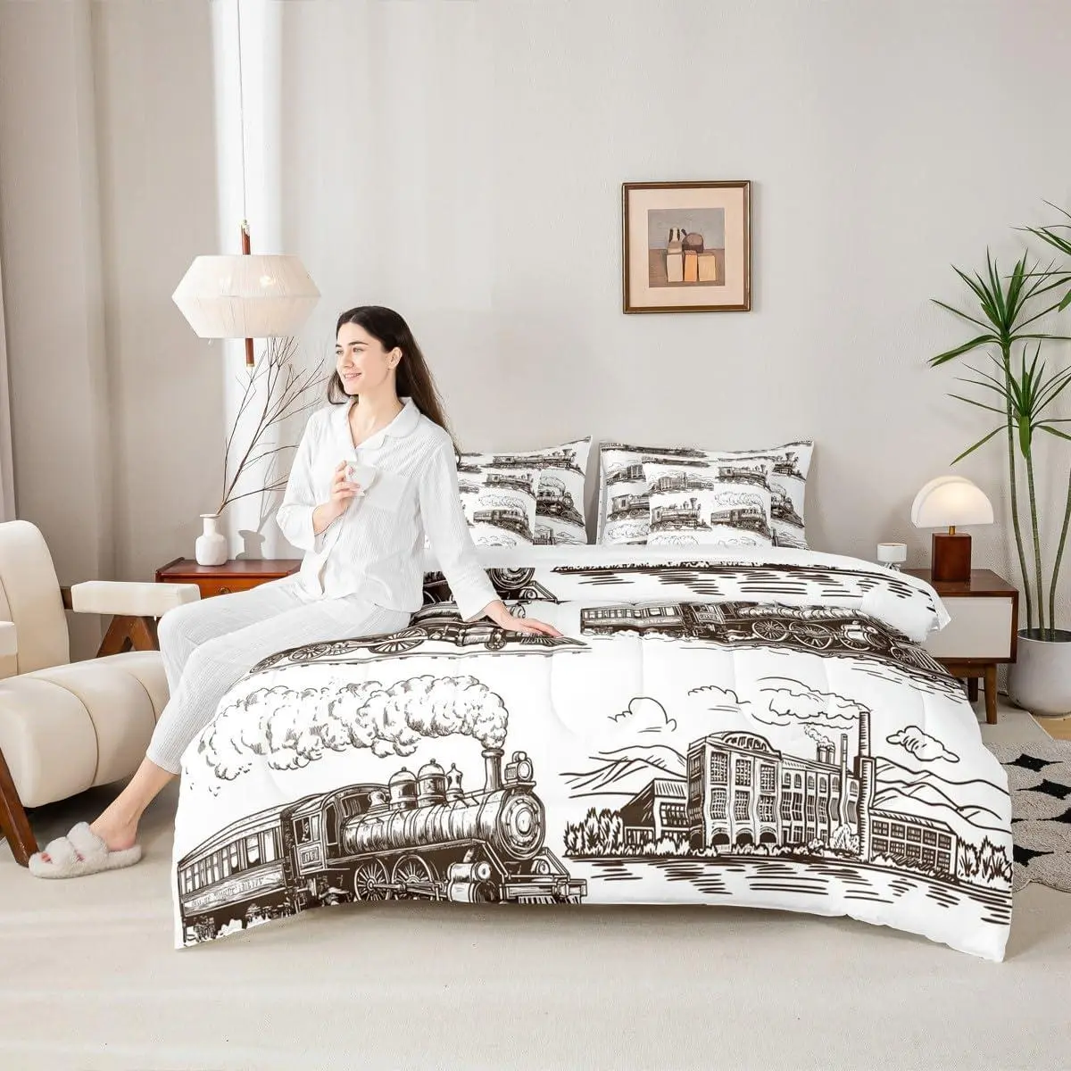 7 Pieces Train Kids Comforter Set,Retro Steam Locomotive Train Bedding Set for Boys Girls Adults,Vintage Train Bed in a Bag with Comforter,Fitted Sheet,Top Sheet and Pillowcases
