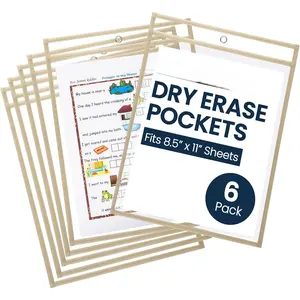 - 6 Pack, Cream, Durable Water-Resistant Dry Erase Pocket Document Protectors, 10" Wide x 13.5" Tall - Dry Erase Clear Plastic Sleeves -  & Easy Erase Plastic Invoice Holders