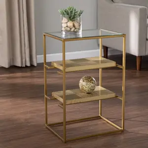 HomeRoots 402437 24 in. Glass & Iron Rectangular End Table with Two Shelves, Brass