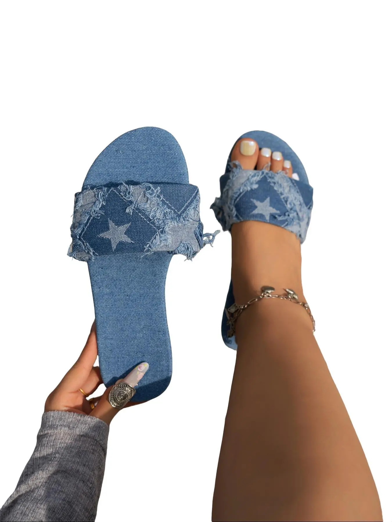 Women's Star Fringe Denim Slip-On Sandals, Open Toe Flat Bohemian Style Beach Shoes for Summer Vacation and Casual Outings, Fashionable Casual Trendy Sandals, Lightweight, Breathable, Footwear