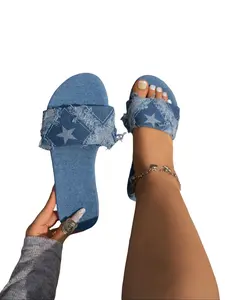 Women's Star Fringe Denim Slip-On Sandals, Open Toe Flat Bohemian Style Beach Shoes for Summer Vacation and Casual Outings, Fashionable Sandals, Lightweight, Breathable, Footwear