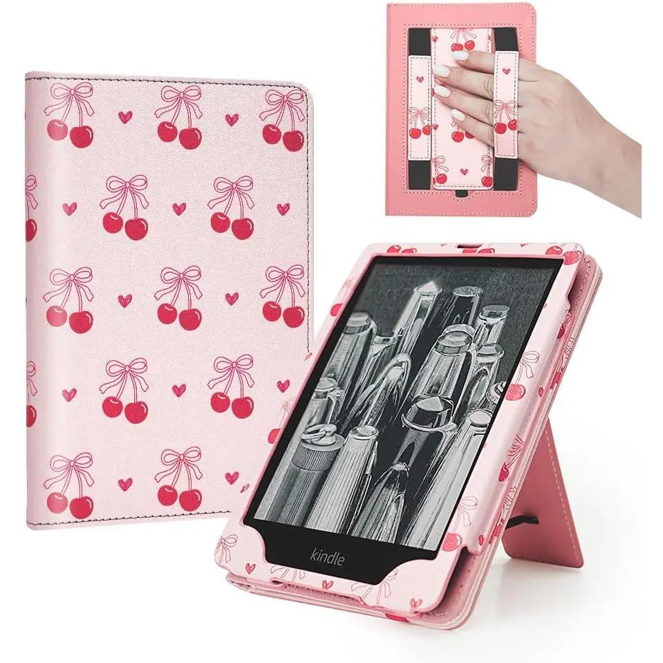 Cherry Bow Case for 7"/6.8" Ereaders,Compatible with Kindle Paperwhite 12th/11th Gen,MEEBOOK, PocketBook, Boox, Colorsoft,Cute Stand Hand Strap Book Cover Sleeve Ebook  Gifts Accessories 2024