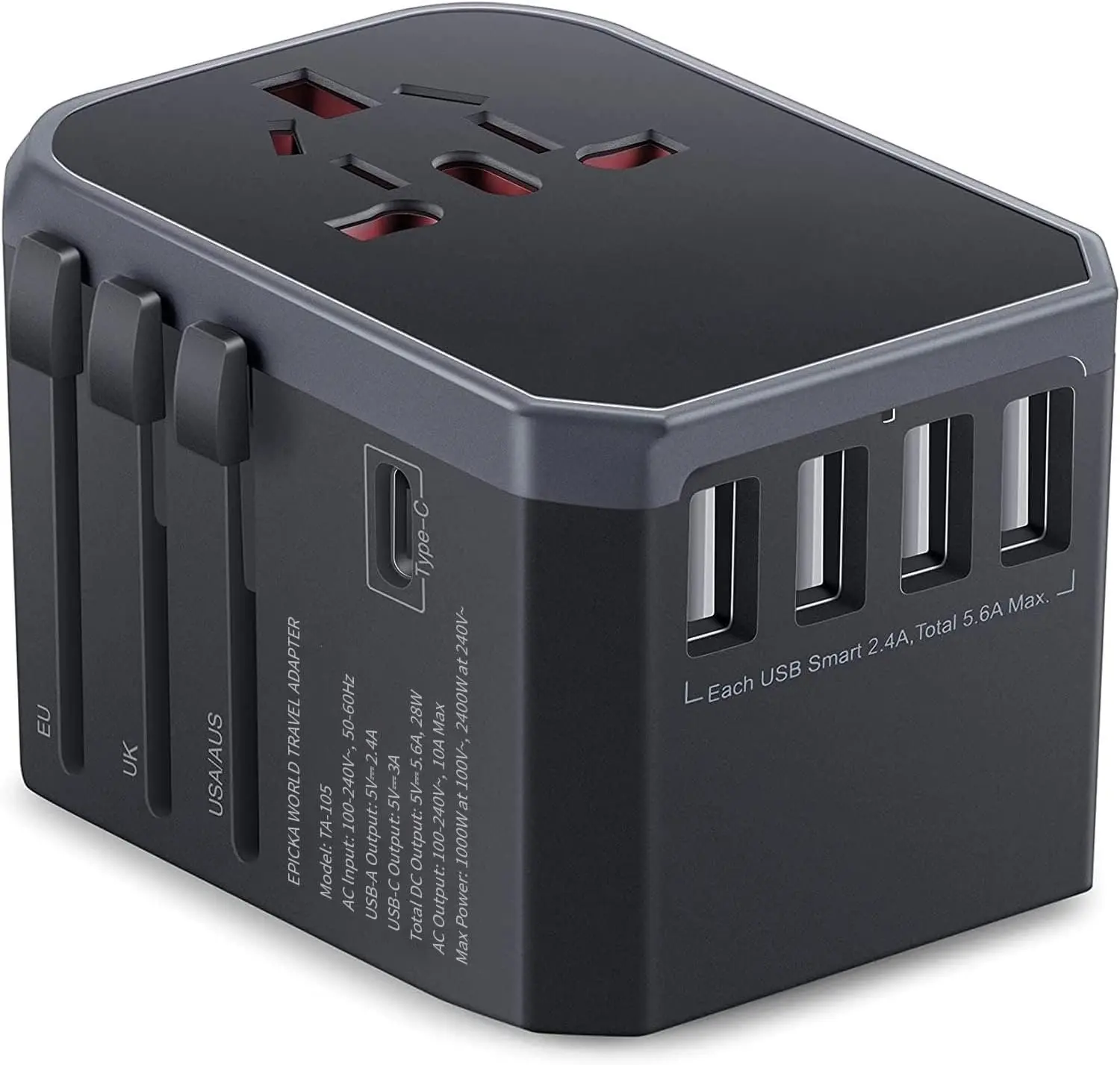 Universal Travel Adapter, European Travel Plug Adapter (Not a  Converter) - International Power Adapter Worldwide Charger with USB-C & 4 USB-A Ports, Travel Essentials (TA-105, Grey)