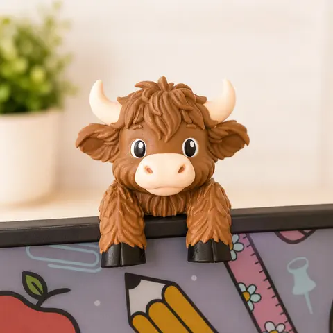Brown Highland Cow 3D Printed Monitor Topper - Secure Fit Desk Accessory, Fluffy Look Decor, Cute Desktop Decoration for All Ages Cow Lovers