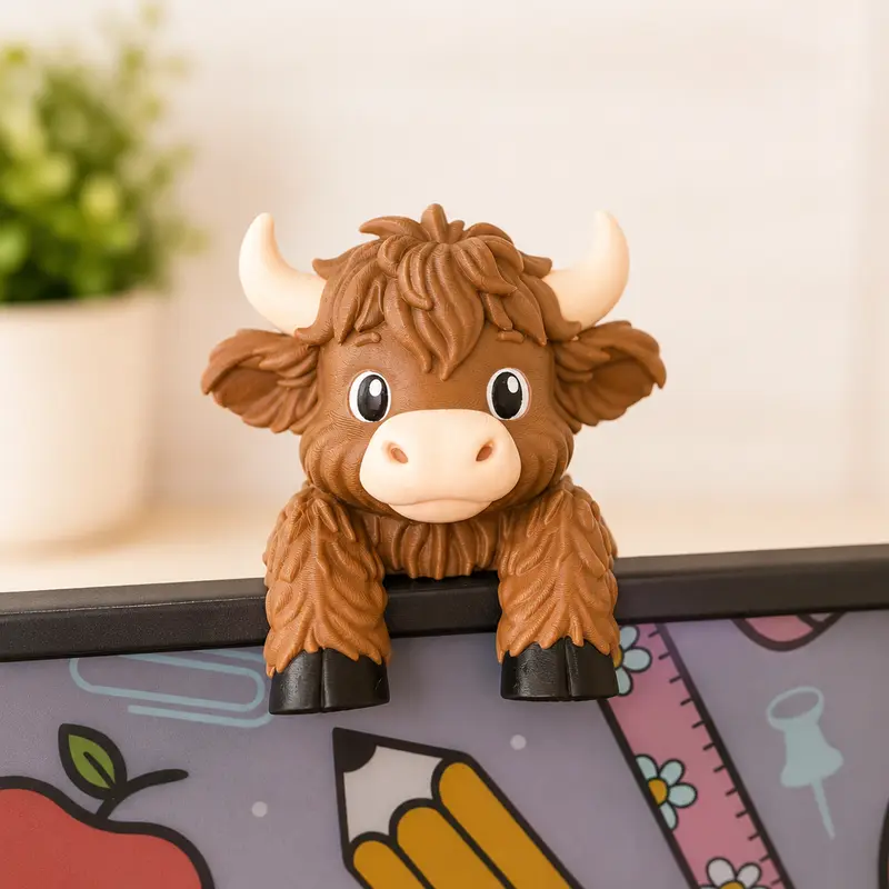 Brown Highland Cow 3D Printed Monitor Topper - Secure Fit Desk Accessory, Fluffy Look Decor, Cute Desktop Decoration for All Ages Cow Lovers