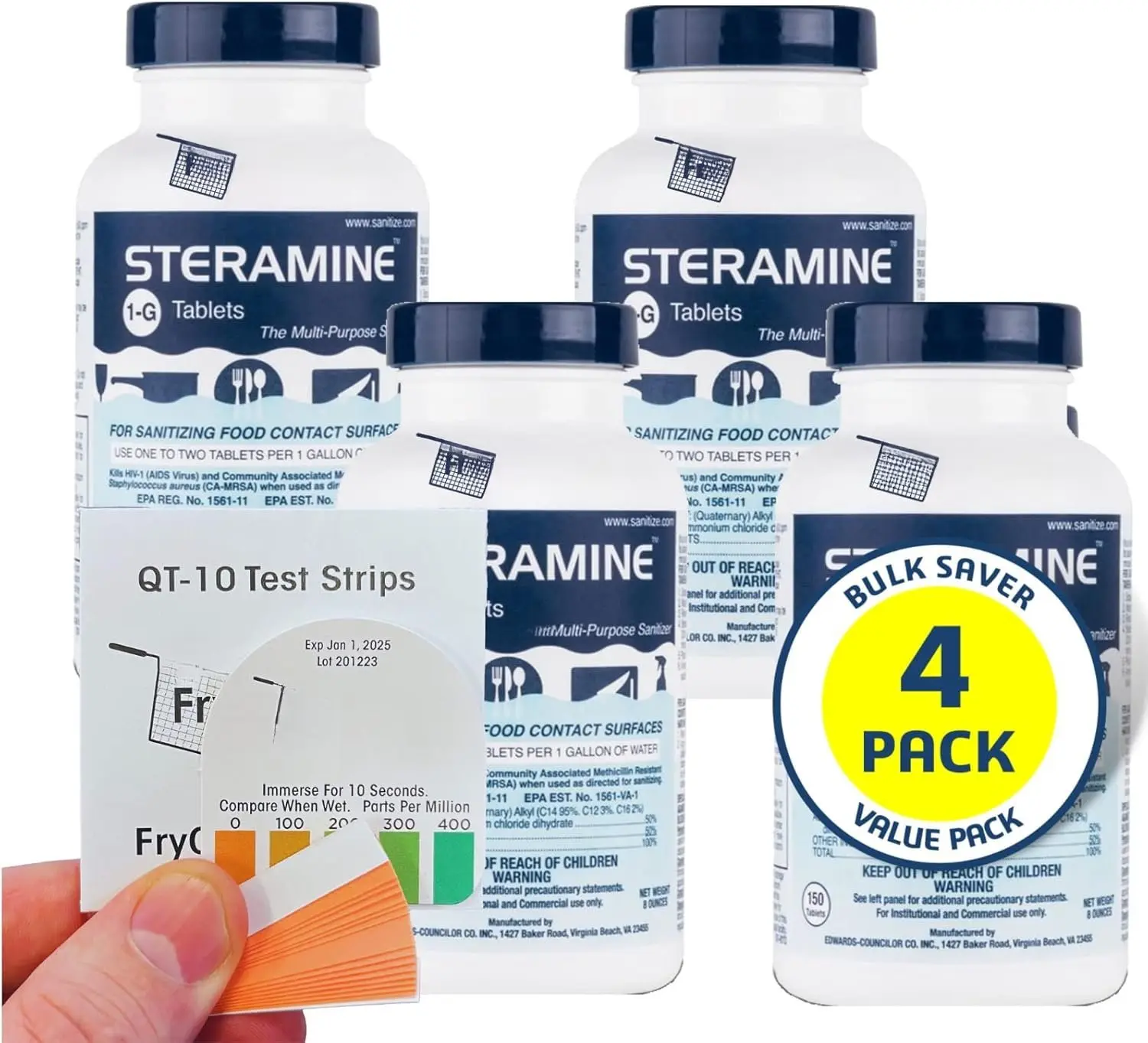 4 Bottles Steramine Sanitizer Tablets - 15x QT-10 Test Strip - Multi Purpose Sanitizing Tablets for  Contact Surface, Kitchen, Restaurant Cleaning by  (600 Count)