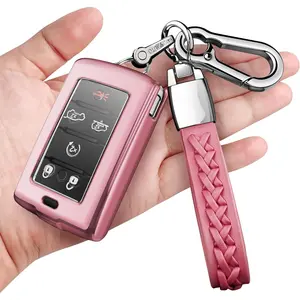 Compatible with Jeep Key Fob Cover with Keychain Fit for 2021-2025 Grand Cherokee L Grand Wagoneer L Wagoneer Grand Cherokee L 5-6 Buttons (Pink)