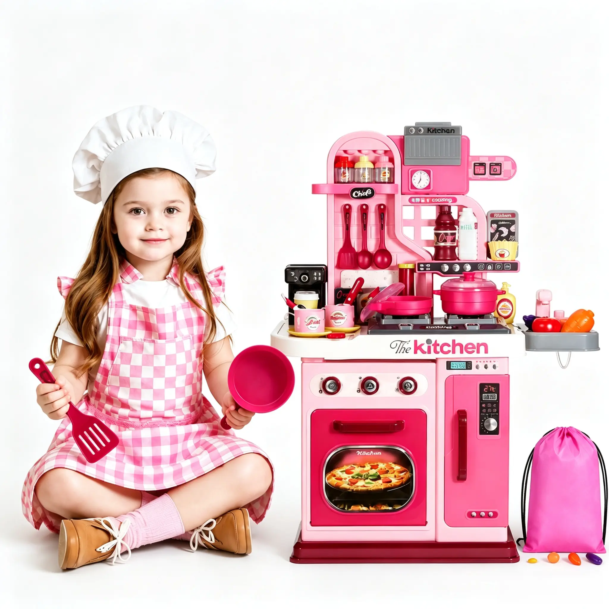 53Pcs Kids Kitchen Toy Set, 27.1 Inch Pink Toy Kitchen with Sound and Light, Kitchen Set for Kids 3+, Stove, Toy Sink and Kitchen Accessories, Best Holiday Birthday Gift for Kids,summervibes toys Pretend Cooking Set,memorial day deals