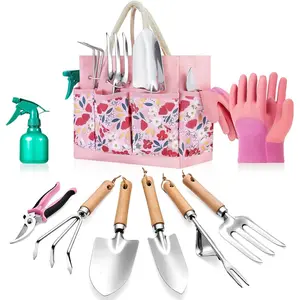 9-Piece Garden Tool Set - Complete Garden Kit with Heavy-Duty Stainless Steel Hand Tools, Durable Storage Bag and Garden Accessories, Ideal Garden Gift for Women, Men and Garden Enthusiasts - Pink