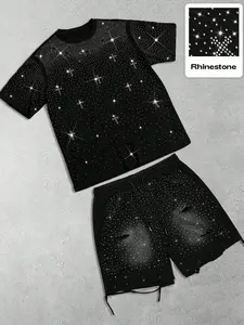 Y2K Street Style Rhinestone Top & Shorts Set, Outfit, Unisex Two-Piece Fitted Hip Hop Fashion, Casual Summer, Moderate Fabric, Geometric Letter Pattern