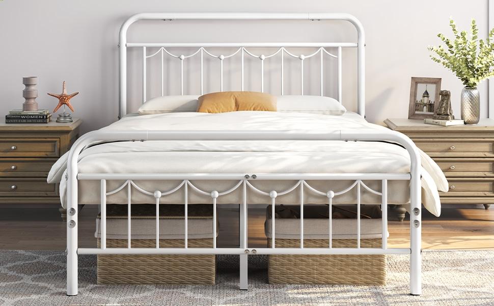Yaheetech Antique Gold Queen Size Metal Bed Frame with Vintage Headboard Footboard Heavy Duty Steel Slat Support Ample Under Bed Storage No Box Spring Needed - Platform Bedframe