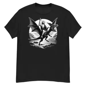 Jesus on a Dinosaur T-Shirt - Crazy Shirts for Men, Cool Graphic Novelty Tee, Gifts for Dad, Soft Funny Vintage Jesus Pterodactyl T-Shirt