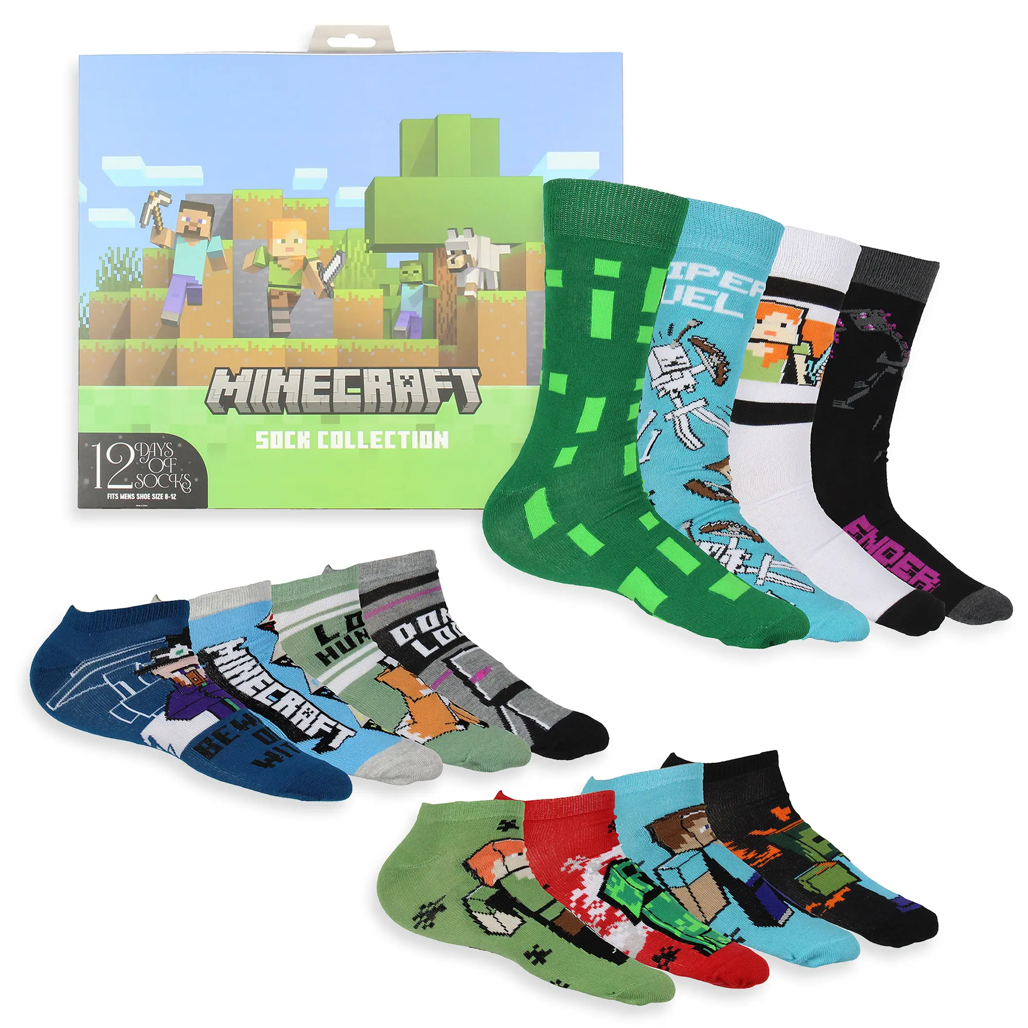 Minecraft Men's 12 Days of Socks Adult Ankle and Crew Socks Mix and Match Advent Gift Box Set, Menswear, Soft
