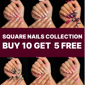 Square Shape Press On Nails – Buy 10 Get 5 Free! [Machine-Made] 24pcs Set | Reusable False Nails | French Style DIY Nail Art for Women & Girls | Perfect for Daily Wear & Holidays
